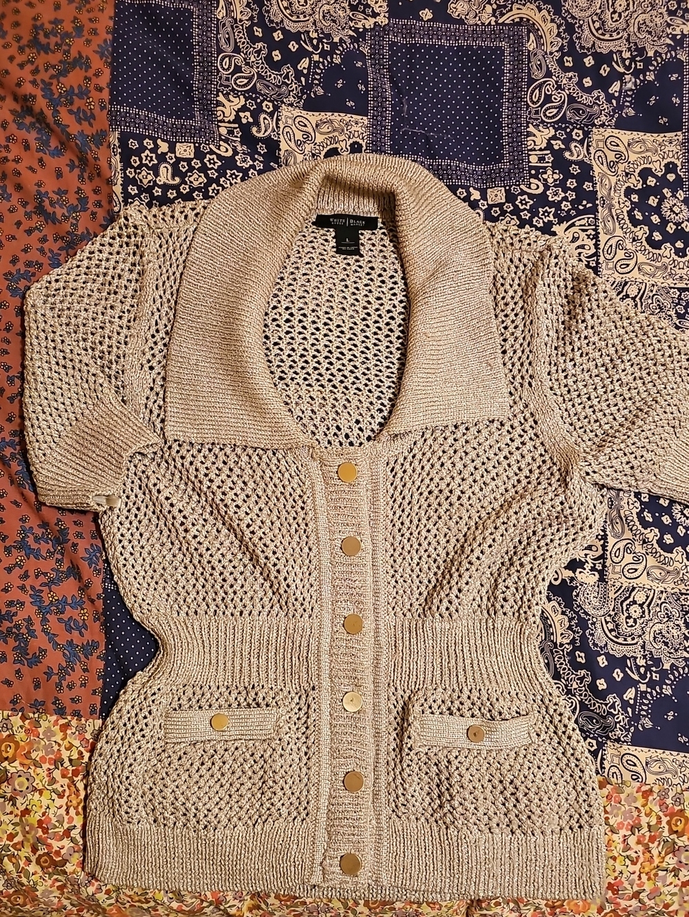 White House Black Market Beige Open-Knit Button Cardigan